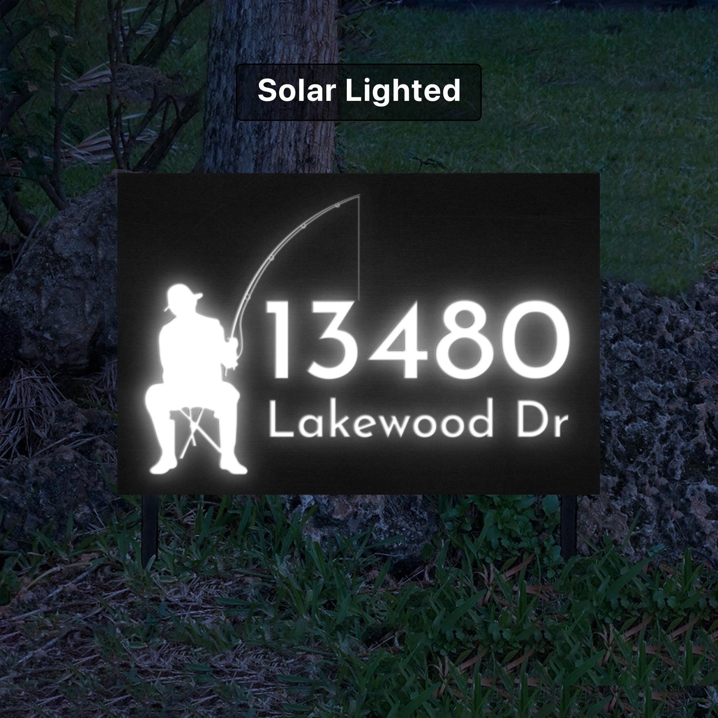 Gone Fishing Solar Address Sign | Custom Lake House Number Sign with LED Backlight | Cabin & Airbnb Marker