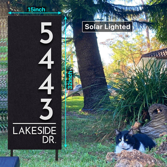 Solar Lighted Driveway Address Sign | 15x32 LED House Numbers on Stakes | Weatherproof Yard & Airbnb Marker