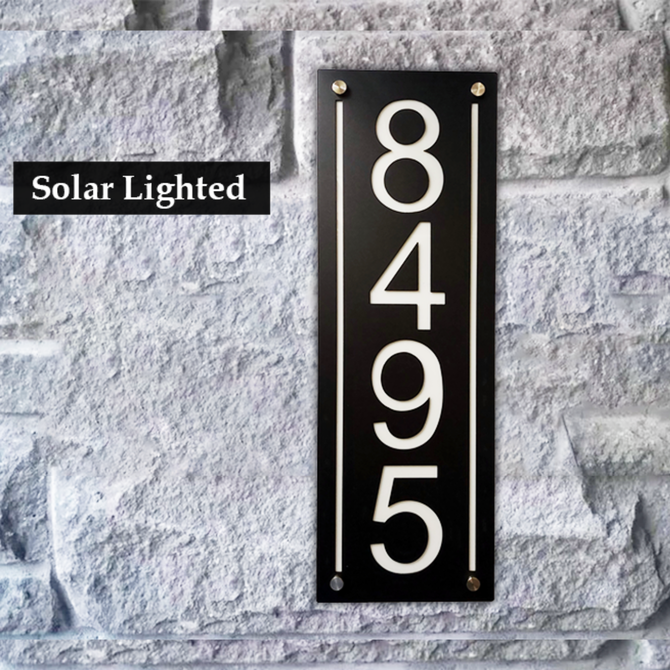 Solar House Numbers Sign - Illuminated address sign with customizable options, metal front plate, and weather-resistant design. Handcrafted in the USA, available in various sizes. Versatile installation options. Quality assurance with a 1-year warranty.