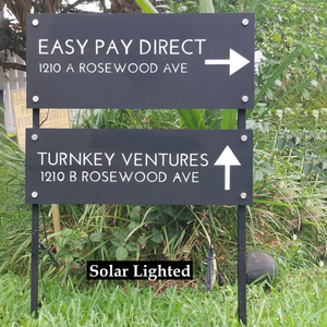 Customized Solar Lighted Sign - Private Road, No Trespassing, Home Numbers, Directional Arrow Sign. Made from stainless steel, aluminum, and acrylic. Waterproof, durable, and suitable for all weather conditions. Super Bright LED's, easy installation, made in Florida, USA.