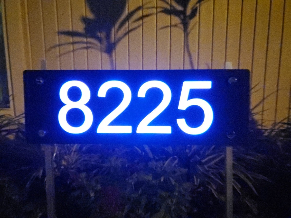 Modern Solar Address Sign | Lighted House Numbers with Stakes | LED Lawn Marker Weatherproof