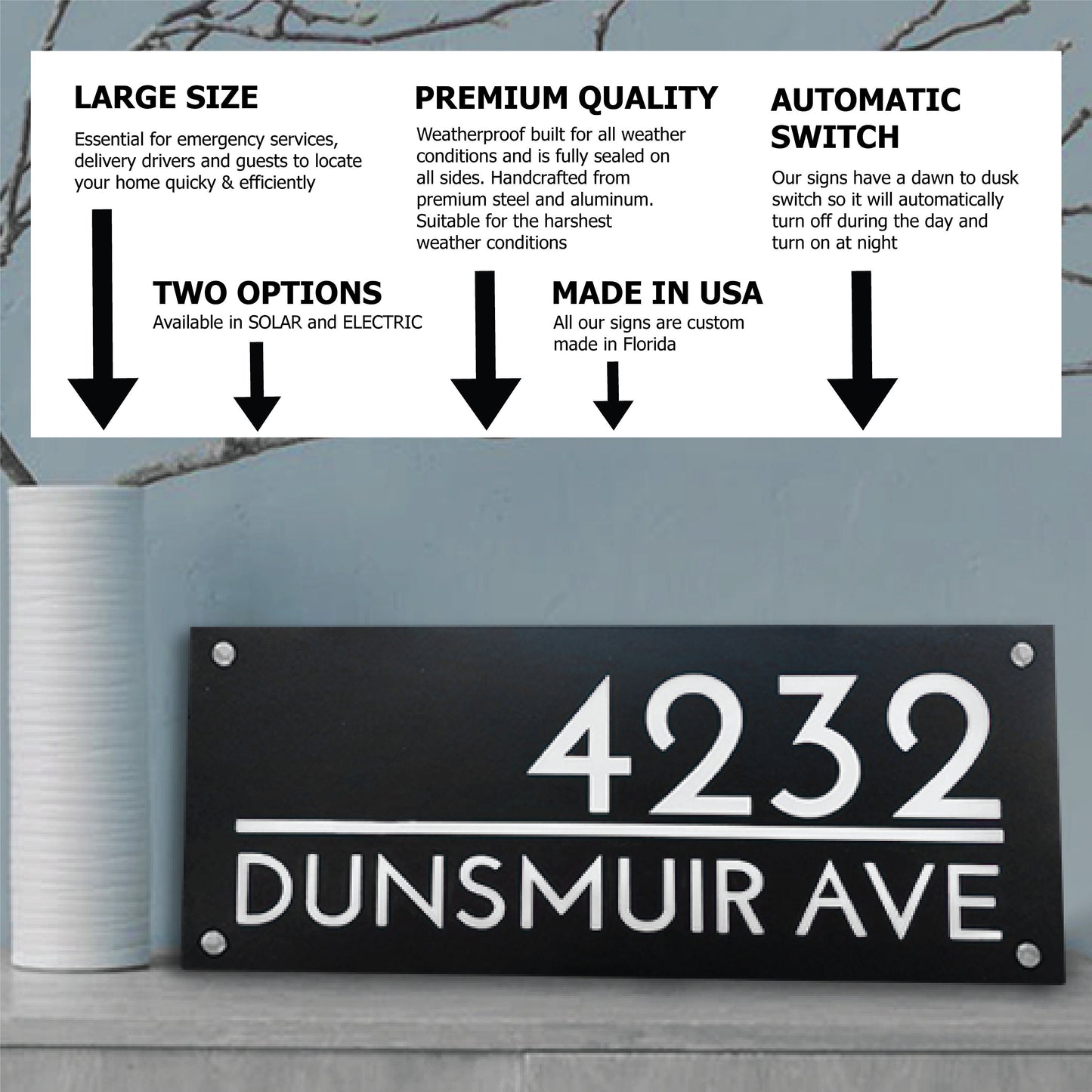 Solar Lighted LED Address Sign, Modern House Numbers