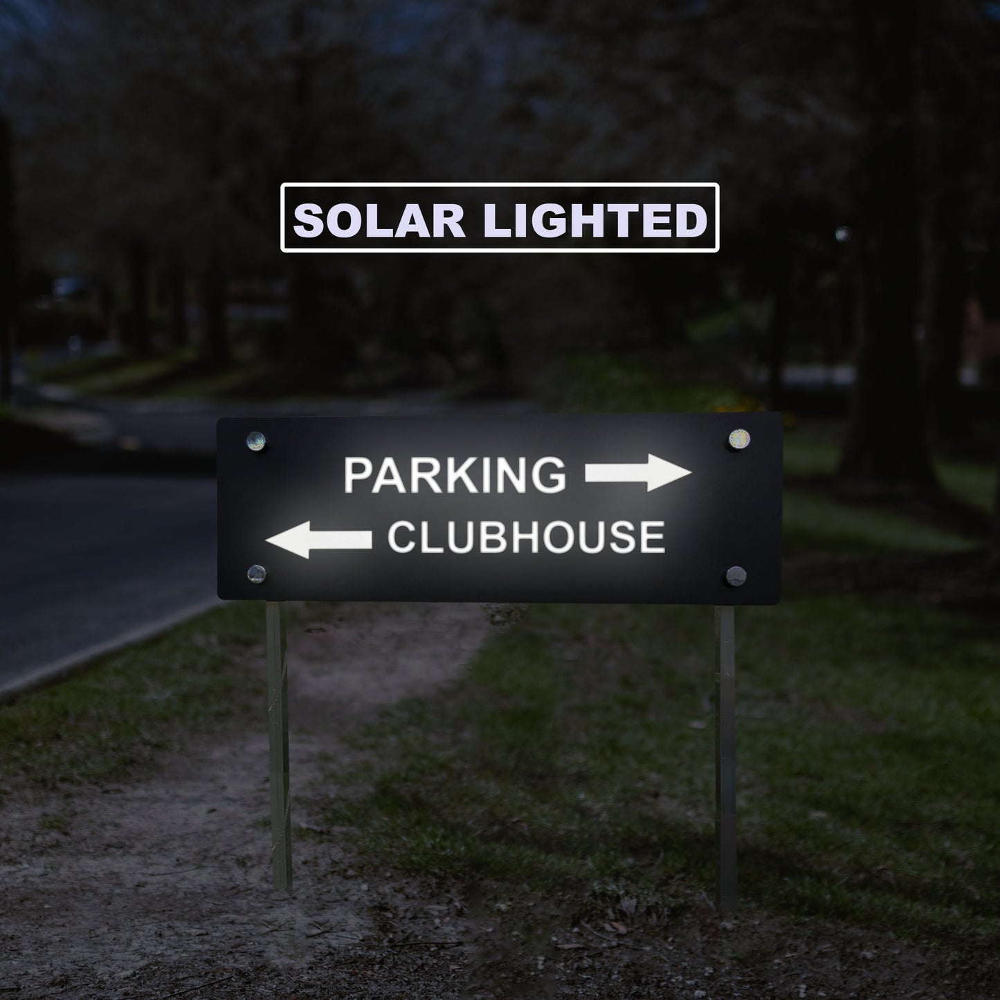 solar lighted directional  sign.  sign is on lawn on stakes so can be placed anywhere.