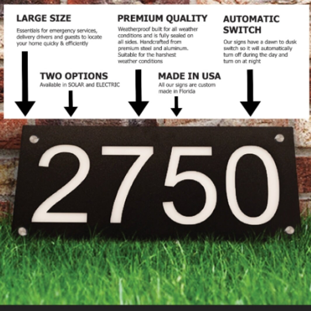 Custom Solar Lighted Address Sign with Stakes – Personalized Outdoor LED House Numbers