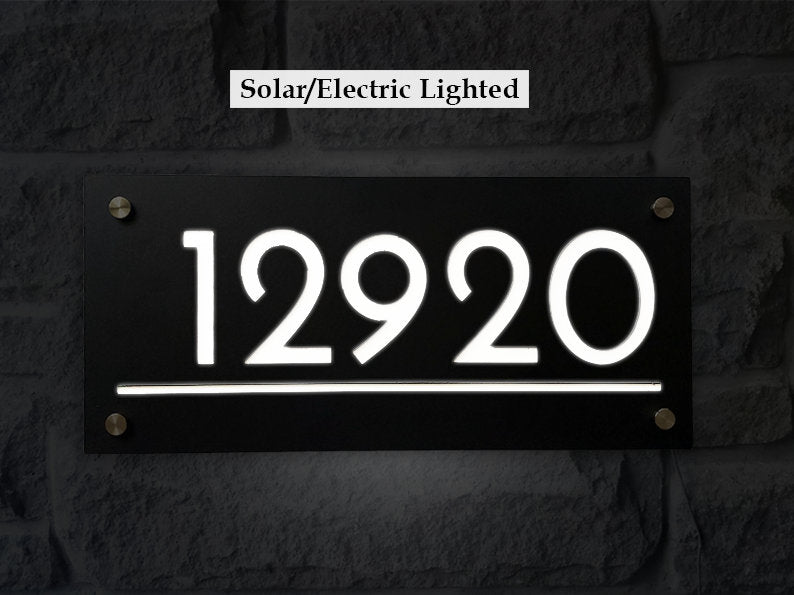 Modern Solar & Electric Lighted House Number Sign | LED Address Plaque | Weatherproof Wall Mount | Made in USA