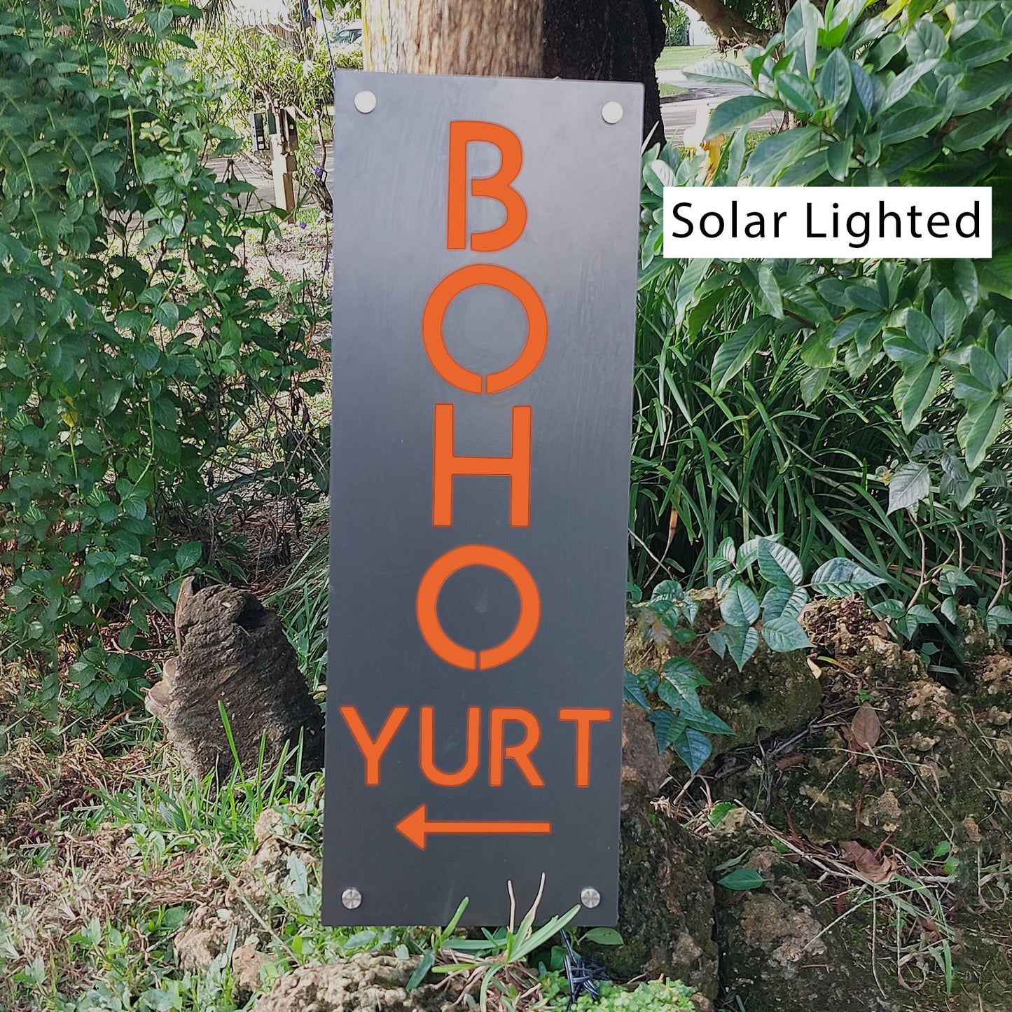 Solar Airbnb Welcome Sign | Custom Lighted Vacation Rental Yard Plaque with Stakes | LED Address Sign