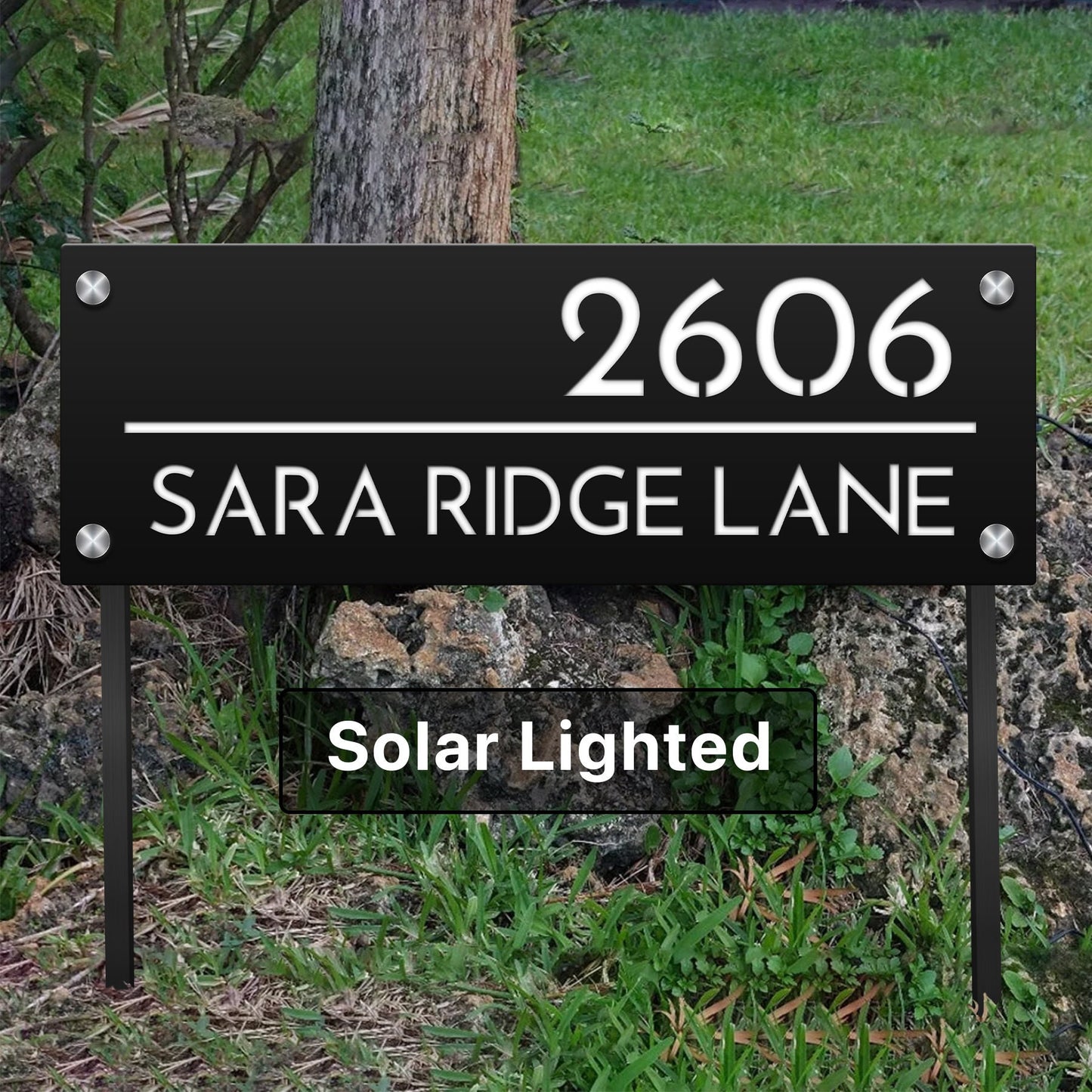 custom solar lighted address sign on stakes