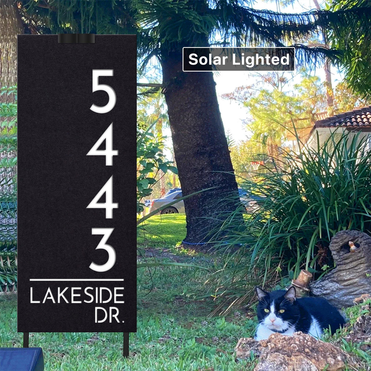 Custom Solar Address Sign with Stakes | Modern LED House Numbers | Weatherproof Yard Sign — Made in USA