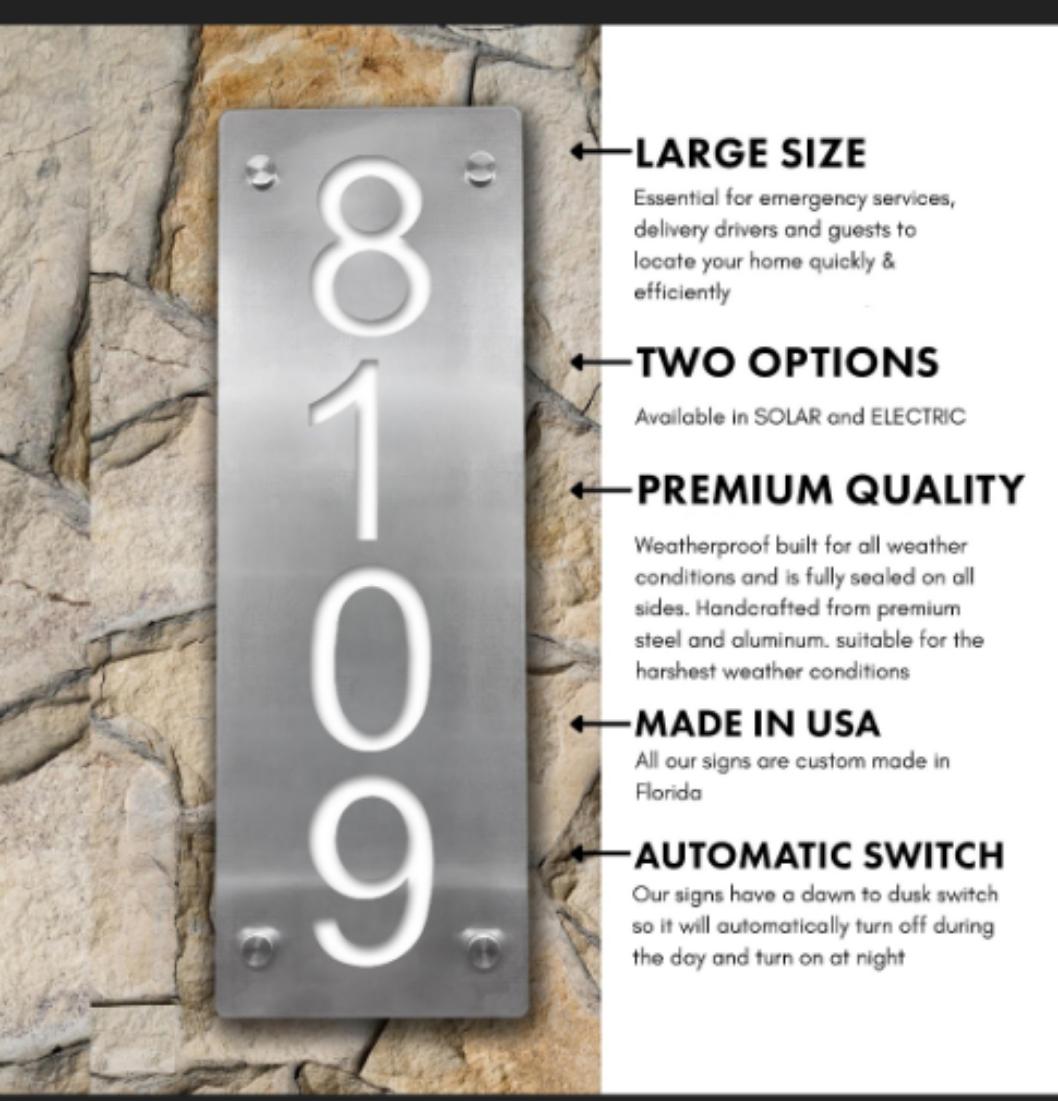 Solar Lighted Vertical Address Sign | Modern LED House Numbers with Stakes | Weatherproof Yard Marker
