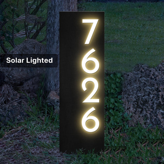 Vertical Address Yard Sign With Stakes - Solar Lighted Customizable House Numbers Plaque