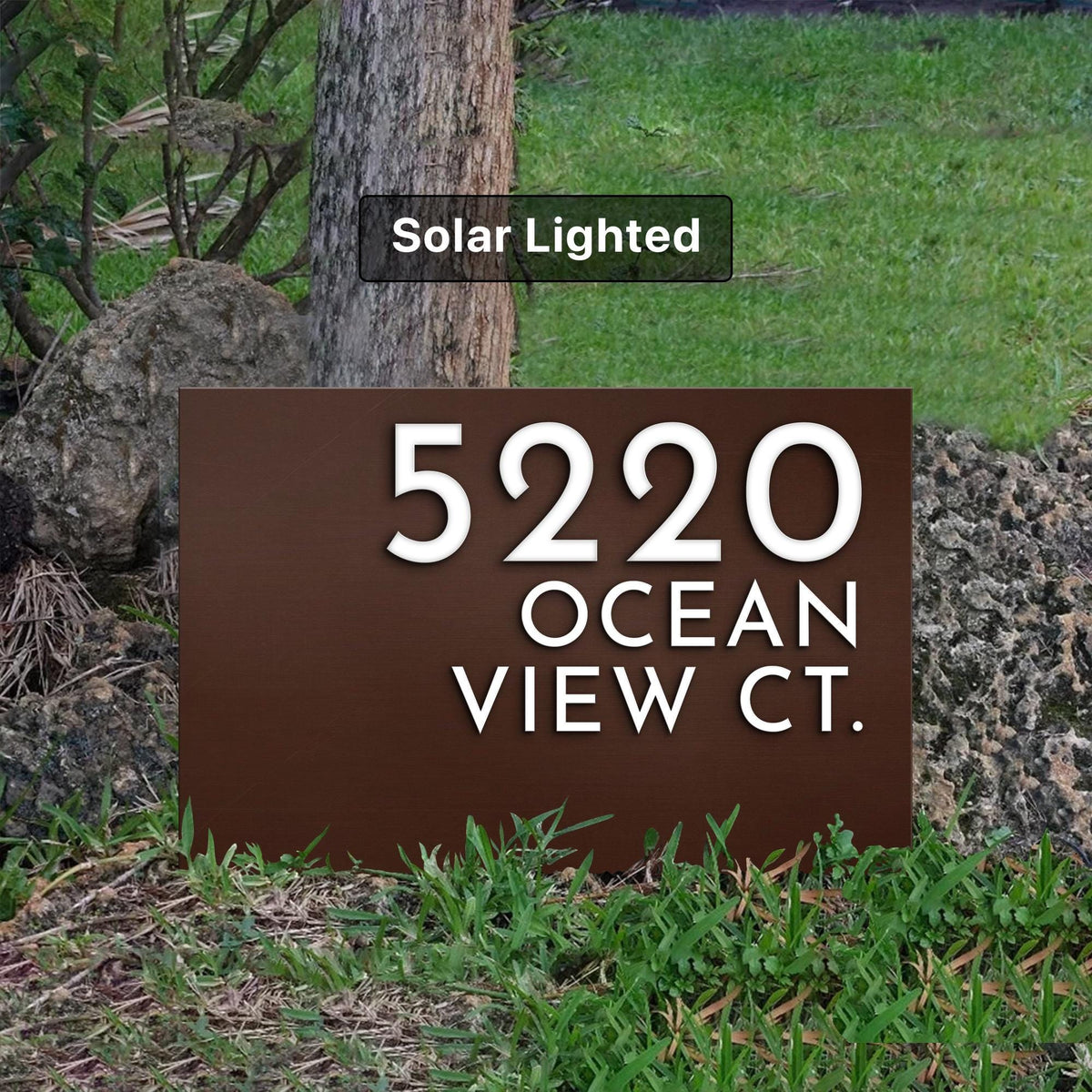 Custom Solar Address Sign with Stakes | Modern LED House Numbers | Weatherproof Yard Sign — Made in USA