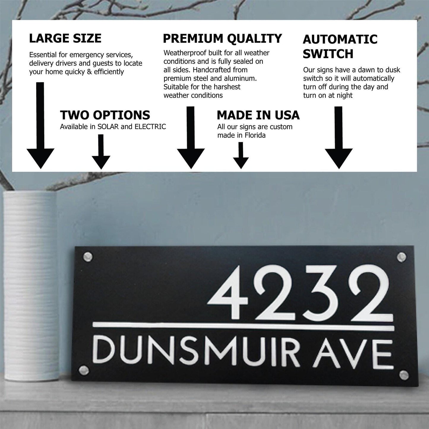 Vertical Solar Address Sign with Stakes | 15x32 Lighted House Numbers Plaque | Weatherproof Yard Marker