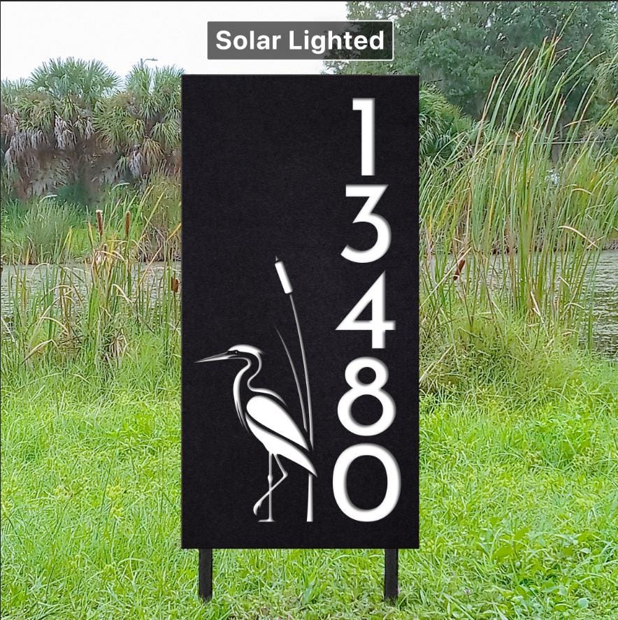 Custom Blue Heron Address Sign | Solar Lighted House Numbers with Stakes | Decorative Yard Sign