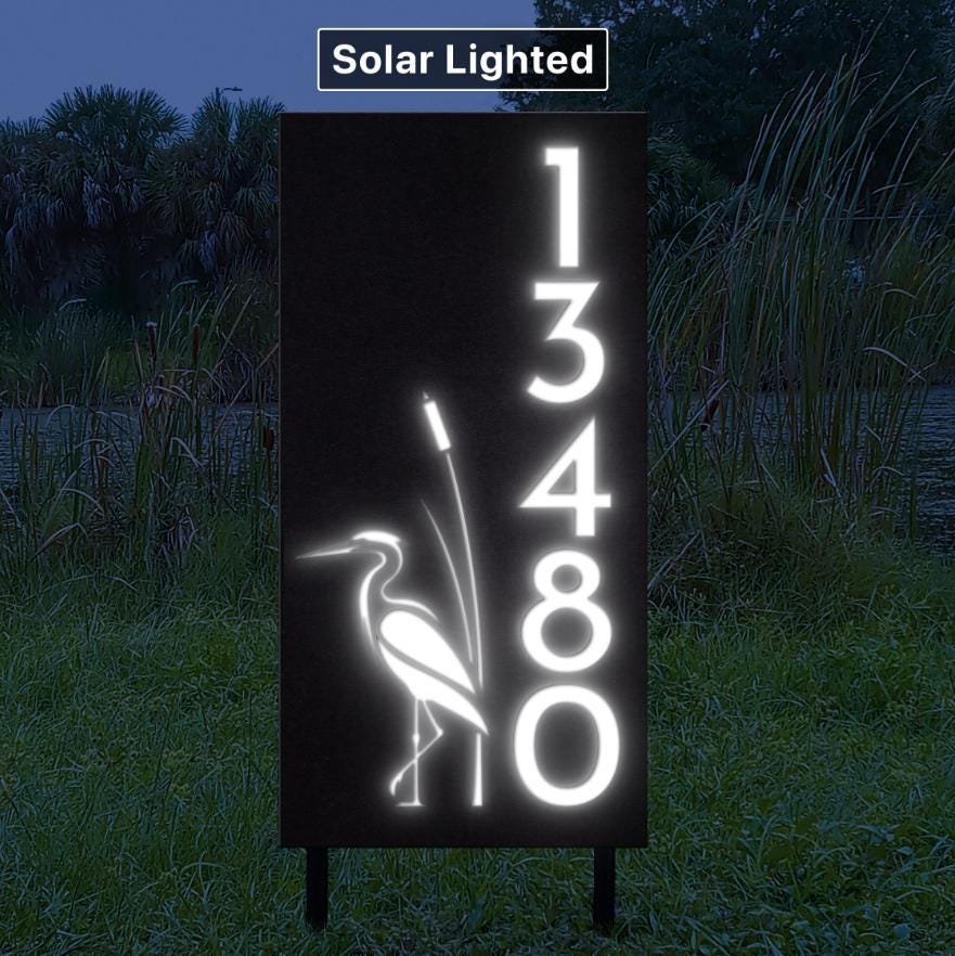 Custom Blue Heron Address Sign | Solar Lighted House Numbers with Stakes | Decorative Yard Sign
