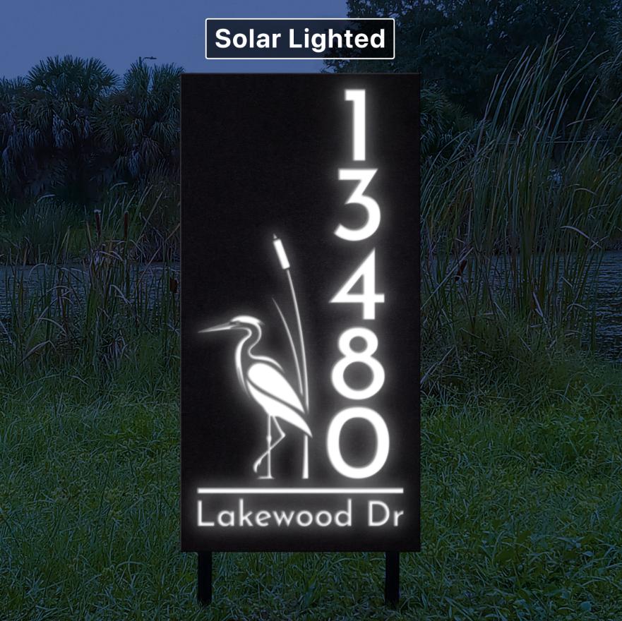 Custom Blue Heron Address Sign | Solar Lighted House Numbers with Stakes | Decorative Yard Sign
