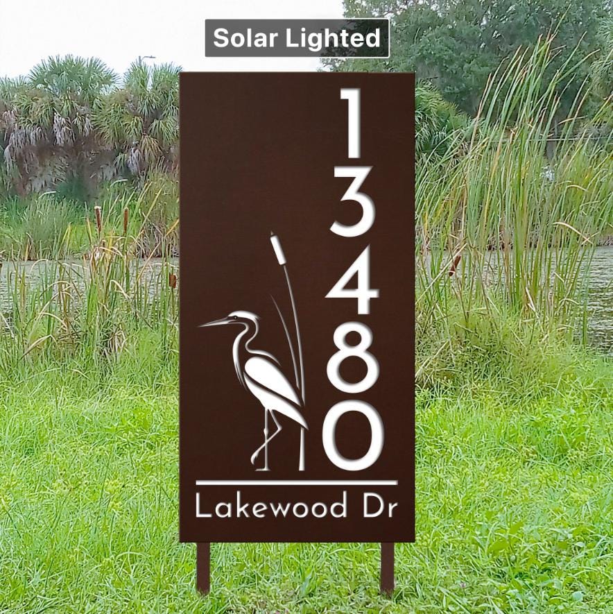 Custom Blue Heron Address Sign | Solar Lighted House Numbers with Stakes | Decorative Yard Sign