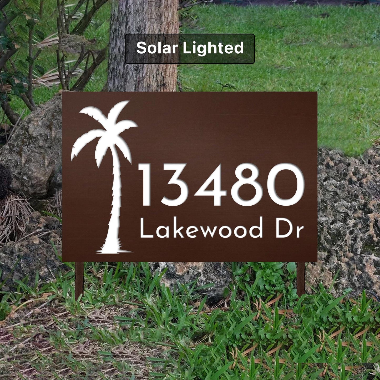 Coastal Solar Address Sign with Palm Tree | Lighted House Numbers Outdoor | Beach House  Plaque