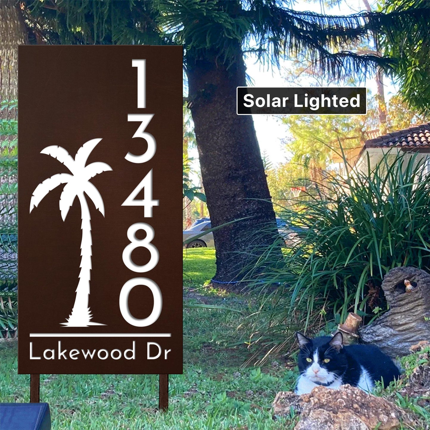Coastal Solar Address Sign with Palm Tree | Lighted House Numbers Outdoor | Beach House  Plaque