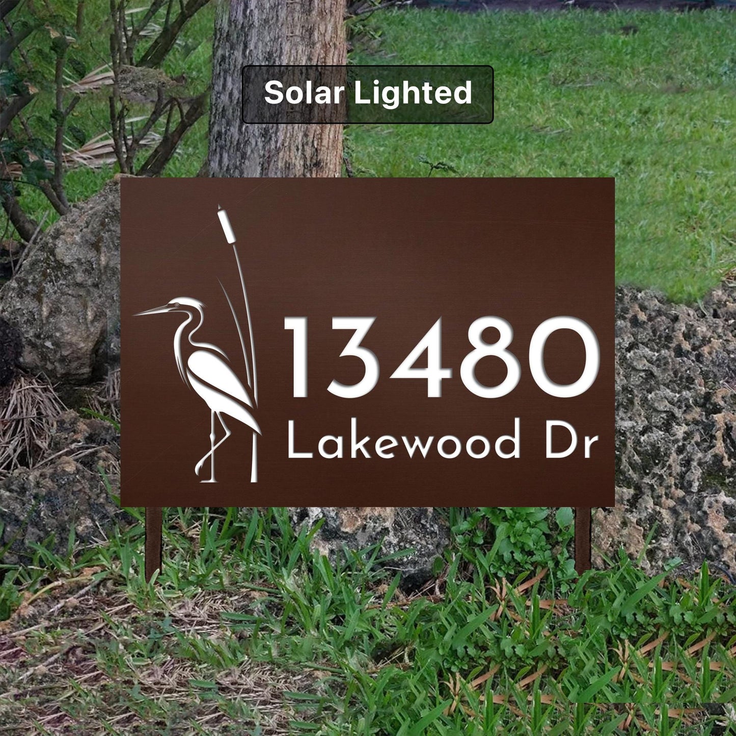 Custom Blue Heron Address Sign | Solar Lighted House Numbers with Stakes | Decorative Yard Sign