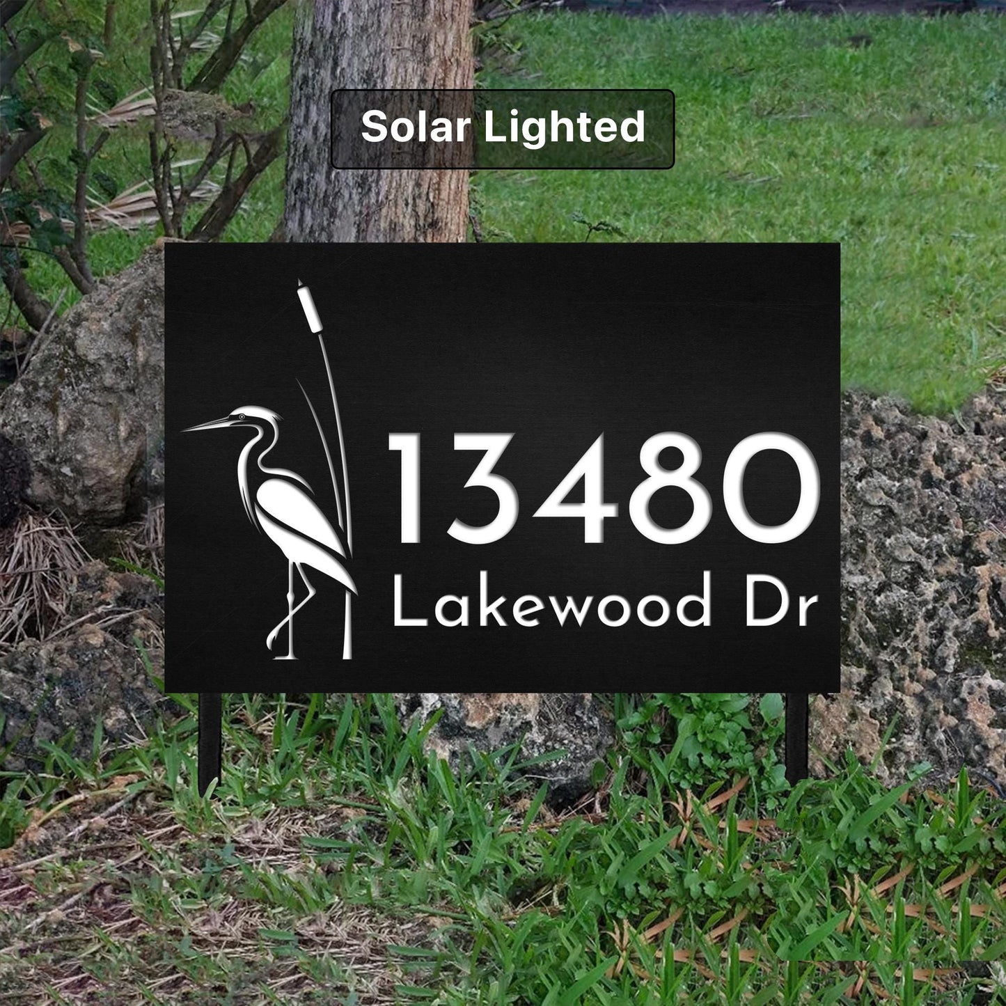 Custom Blue Heron Address Sign | Solar Lighted House Numbers with Stakes | Decorative Yard Sign