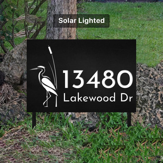 Custom Address Sign With Blue Heron:   Solar Lighted House Numbers,  Air BNB