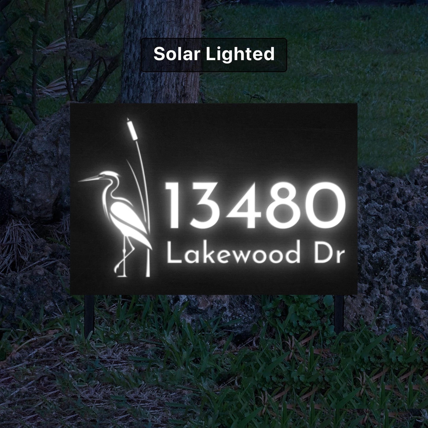 Blue Heron Solar Address Sign | LED Lighted House Numbers | Lake House Coastal Yard Plaque with Stakes
