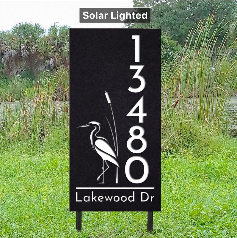 Custom Blue Heron Address Sign | Solar Lighted House Numbers with Stakes | Decorative Yard Sign