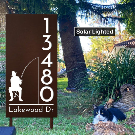 Fishing Solar LED Address Sign, Lake House Decor
