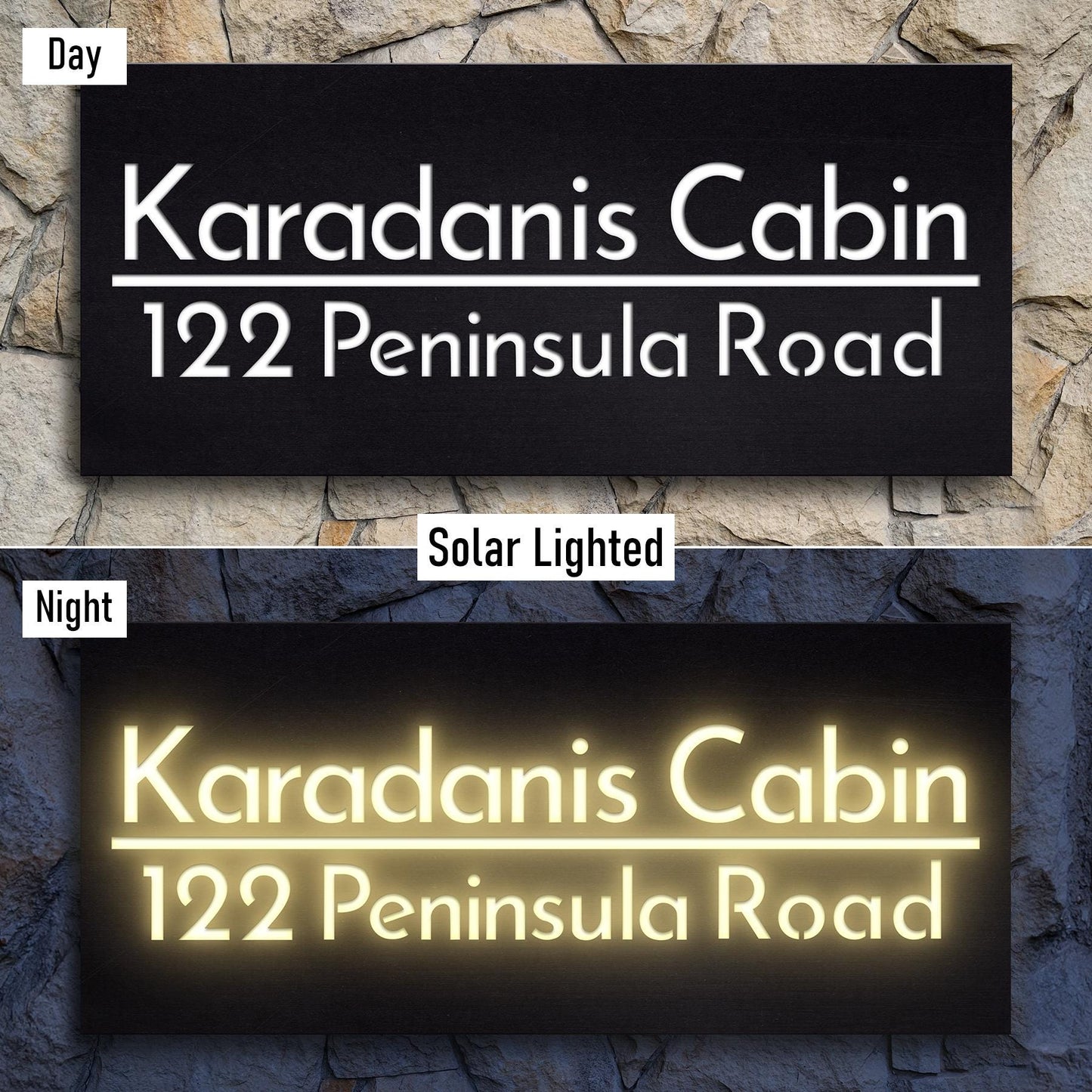 Solar lighted airbnb name sign and address
