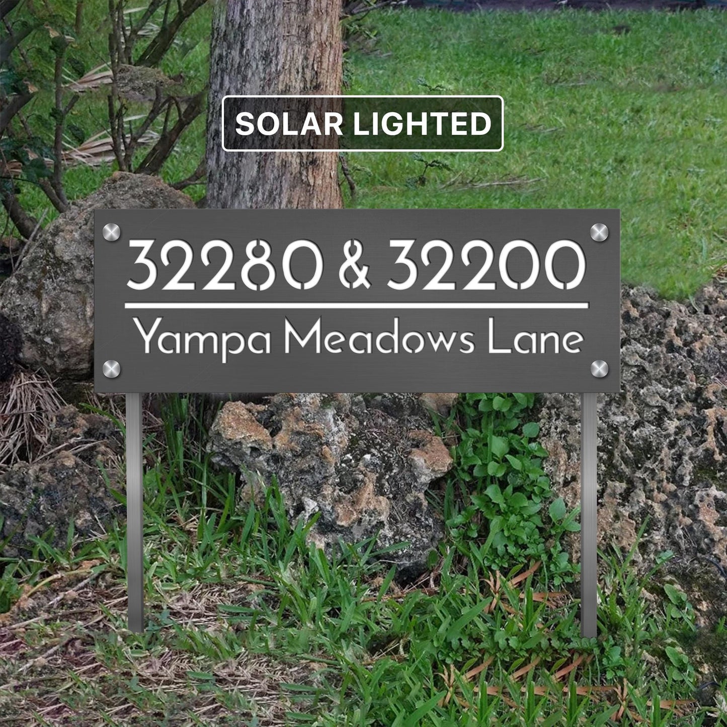 Customized Modern Yard Address Sign, Solar Lighted LED House Numbers, Outdoor Vertical Driveway Marker Plaque, Shared Driveway Multi Family