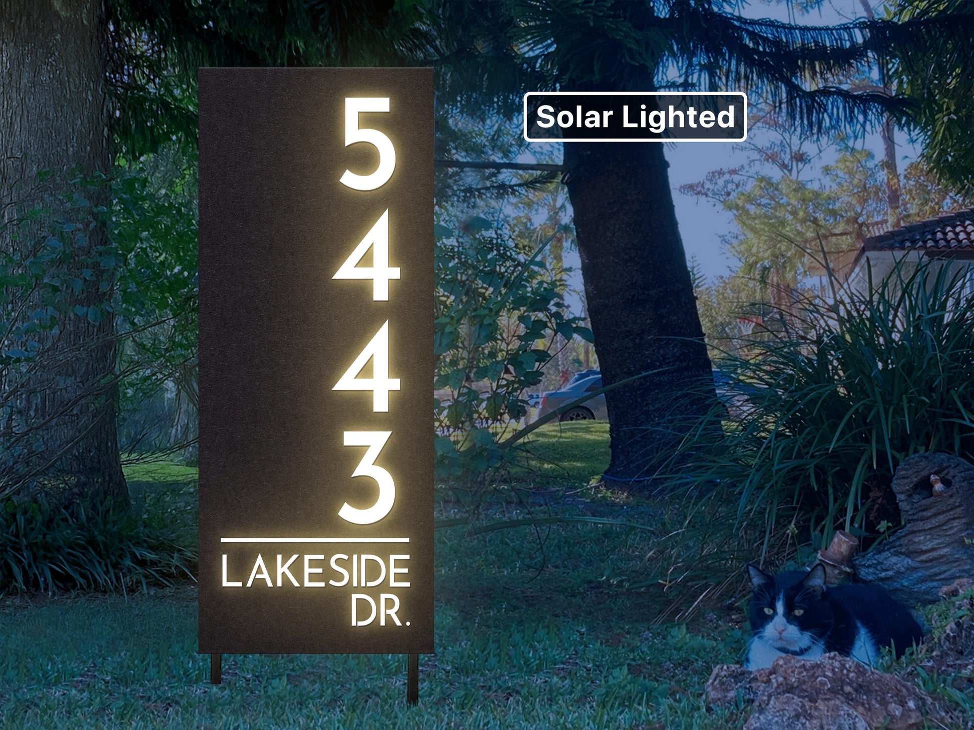 Solar Lighted Driveway Address Sign | 15x32 LED House Numbers on Stakes | Weatherproof Yard & Airbnb Marker