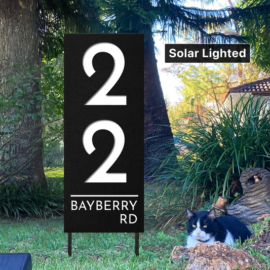 Solar Lighted Address Sign, Modern House Numbers, Lawn or VRBO Sign