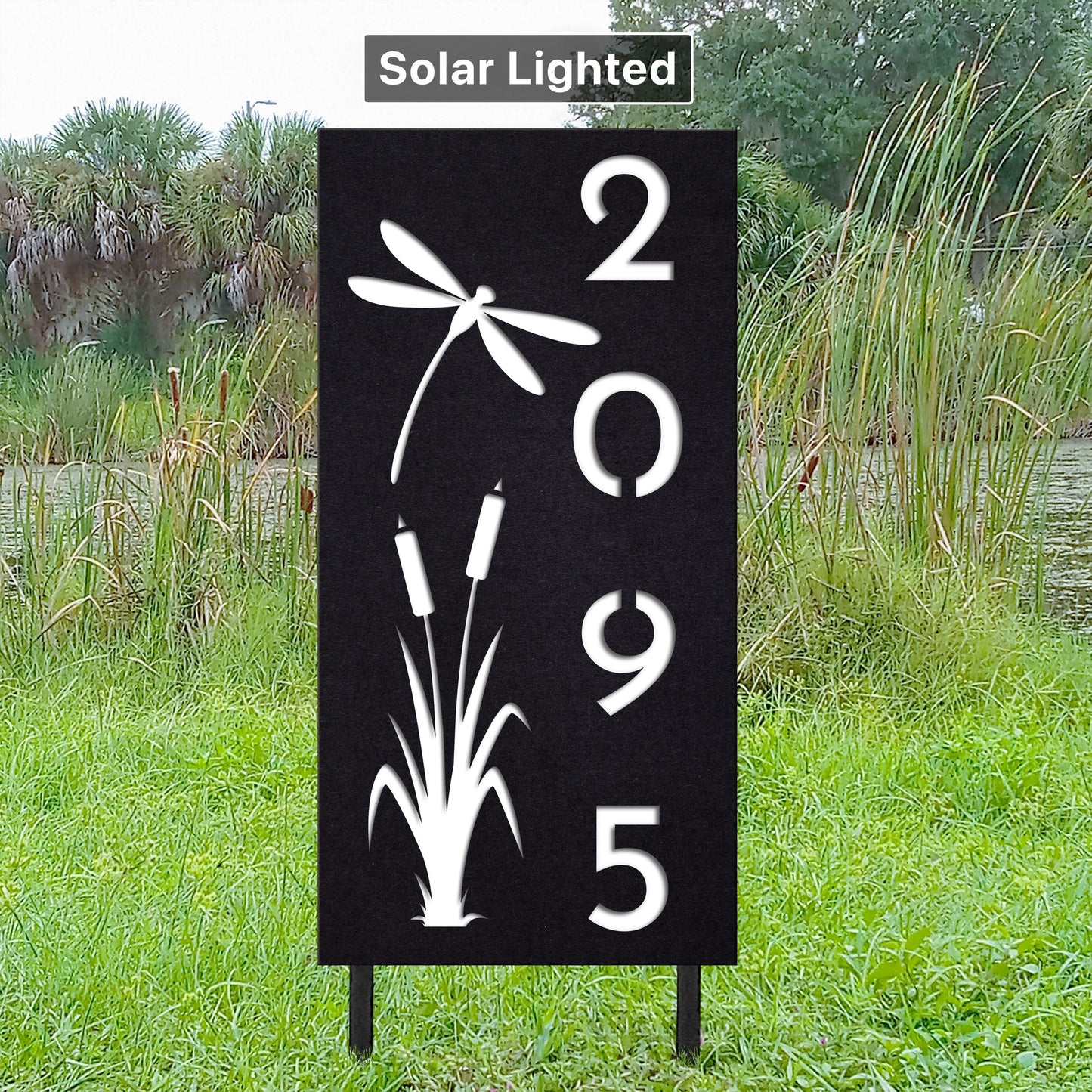Solar House Numbers Sign with Dragonfly Design | Craftsman LED Address Sign | Coastal Garden Art