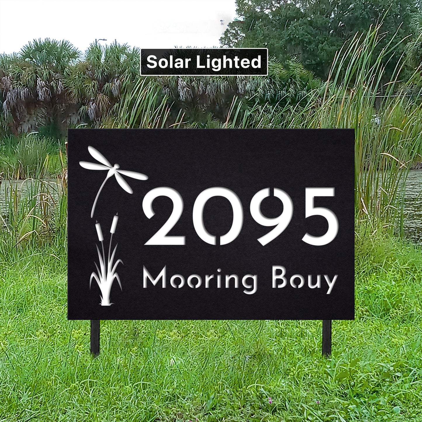Solar House Numbers Sign with Dragonfly Design | Craftsman LED Address Sign | Coastal Garden Art