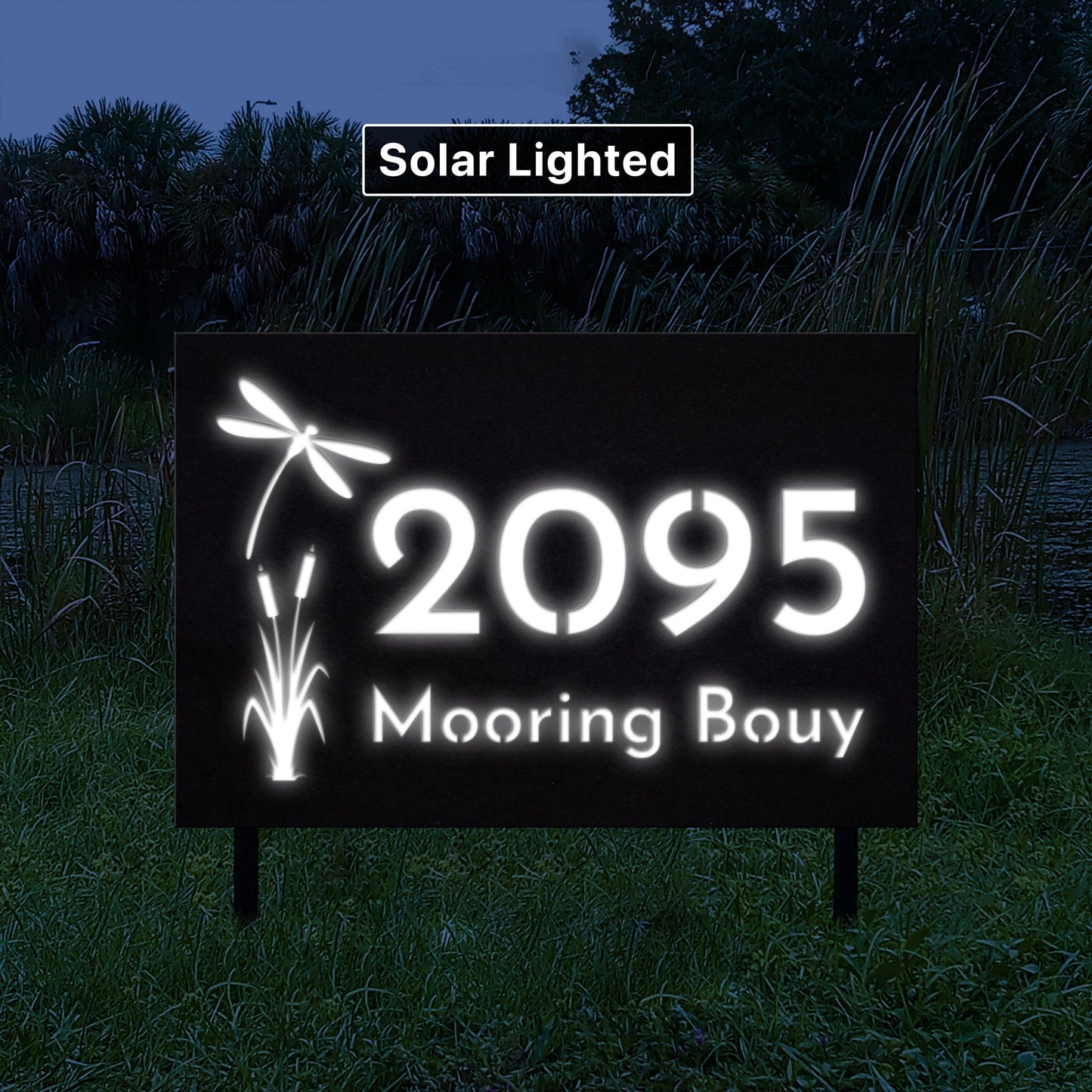Solar House Numbers Sign with Dragonfly Design | Craftsman LED Address Sign | Coastal Garden Art