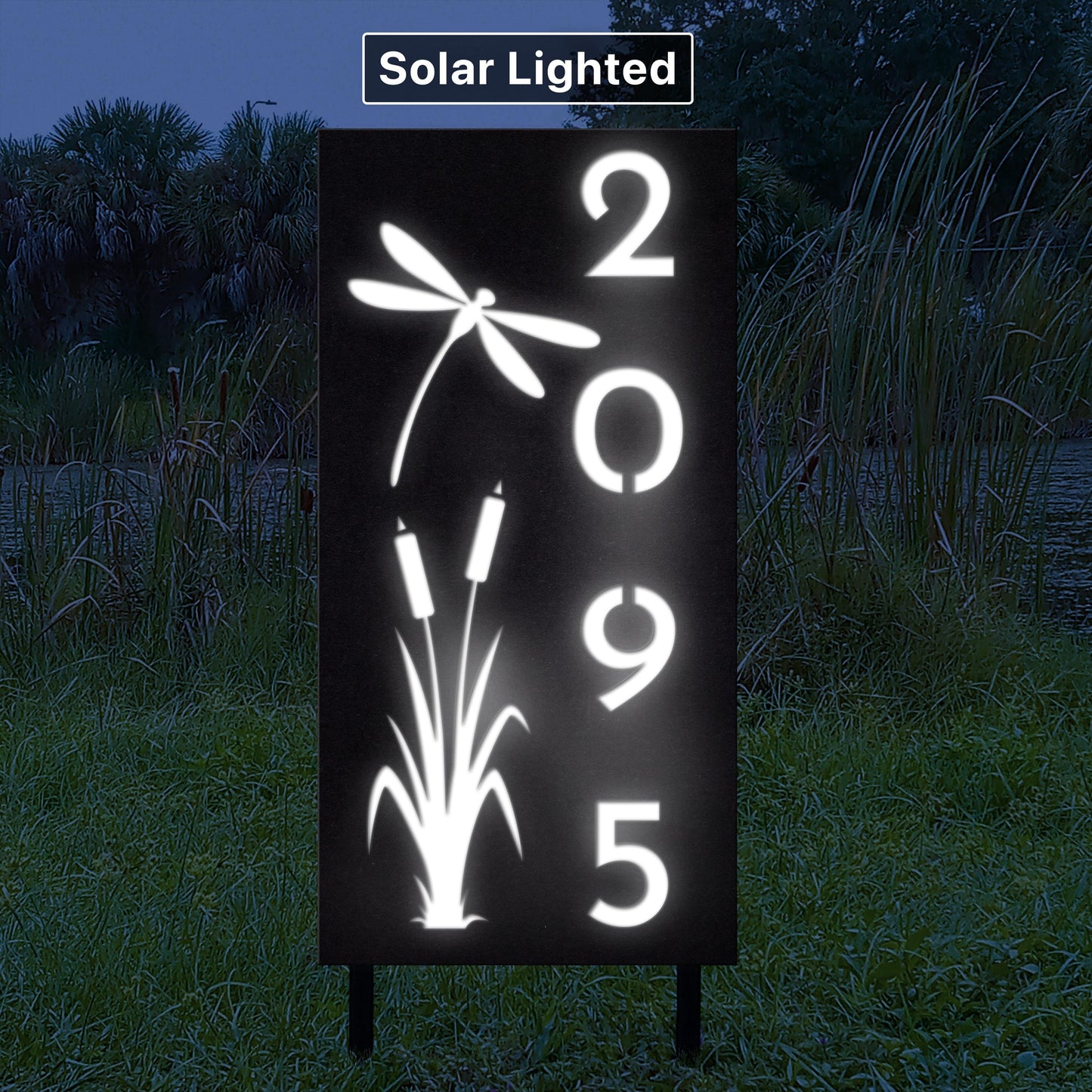 Solar House Numbers Sign with Dragonfly Design | Craftsman LED Address Sign | Coastal Garden Art