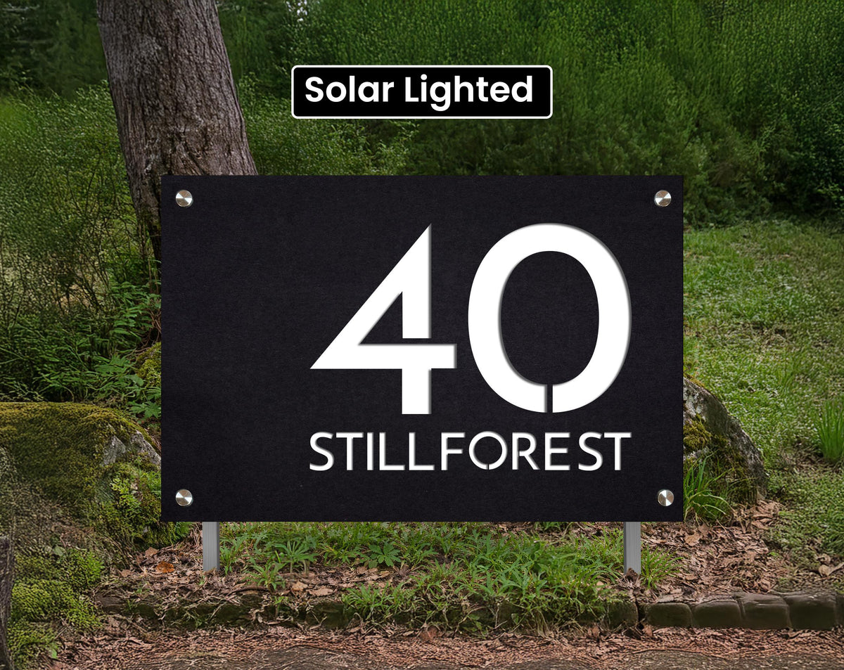 Modern Address Sign with Yard Stakes - Solar Lighted Lawn Sign - House Numbers Post