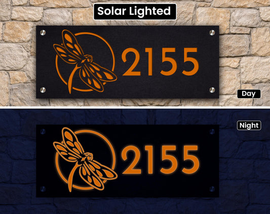 Solar Lighted House Numbers With Dragon Fly: Modern LED Address Sign -  Garden Art