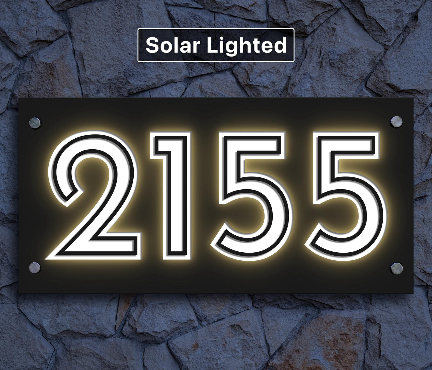 Solar Lighted House Numbers | Modern Illuminated Address Plaque | Outdoor LED Sign | Wall or Ground Mount