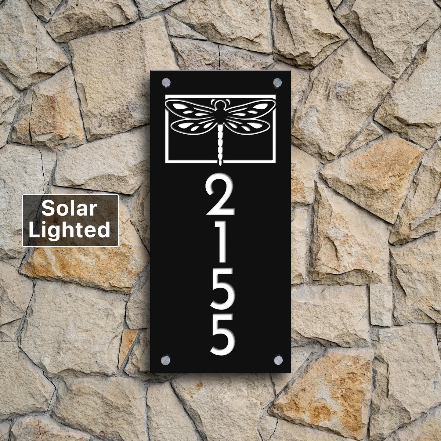 Solar Lighted House Numbers | Dragonfly Address Sign | Modern Illuminated Yard Plaque with LED Lights