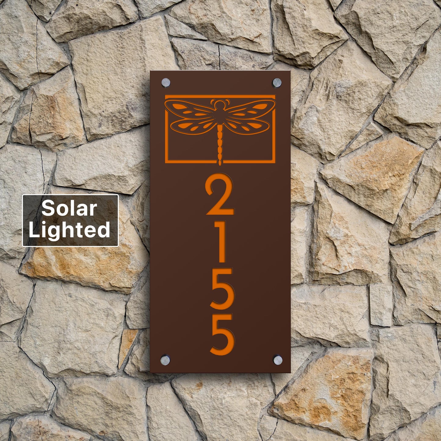 Solar Lighted House Numbers | Dragonfly Address Sign | Modern Illuminated Yard Plaque with LED Lights
