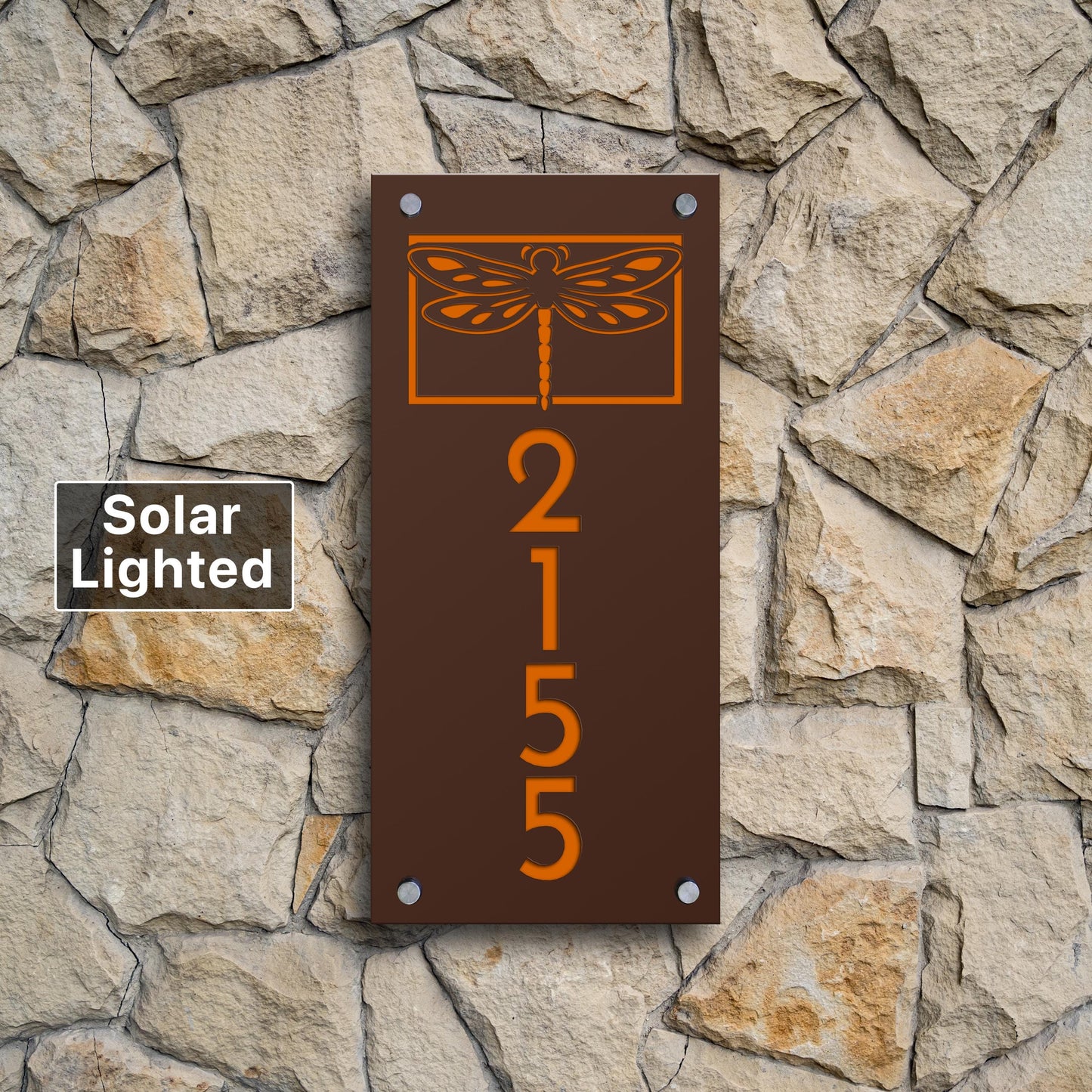 Solar Lighted Address Sign with Dragonfly | Decorative LED House Number Plaque | Weatherproof Curb Appeal Sign