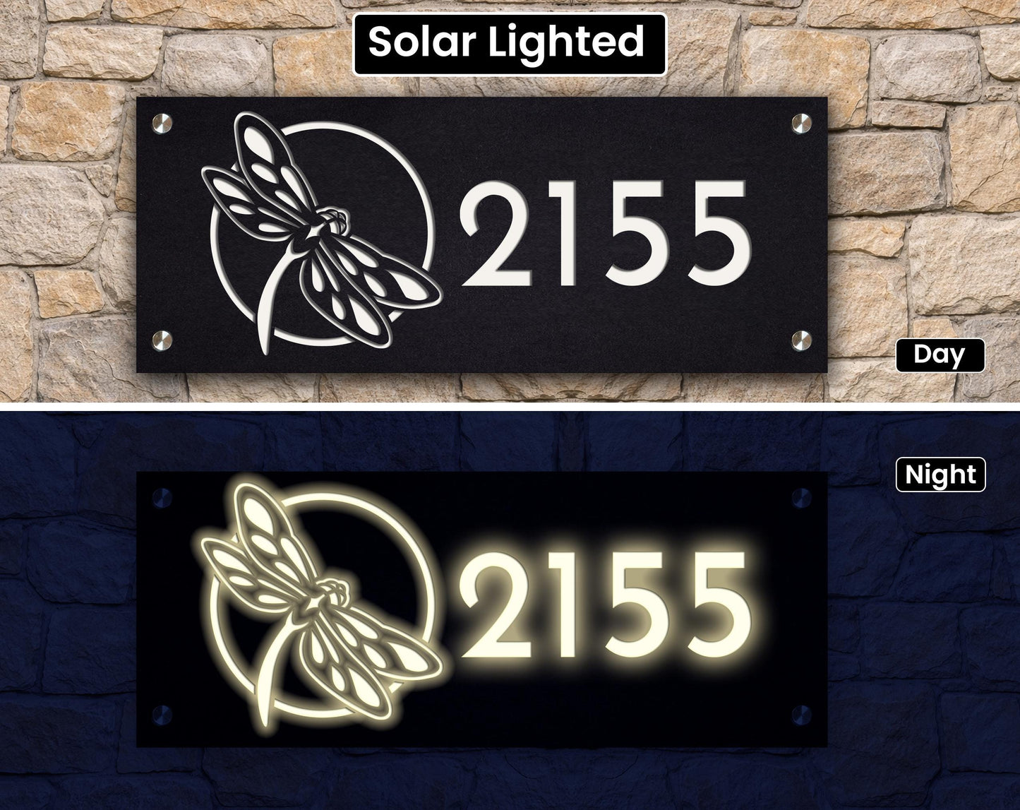 Solar Lighted House Numbers | Dragonfly Address Sign | Modern Illuminated Yard Plaque with LED Lights