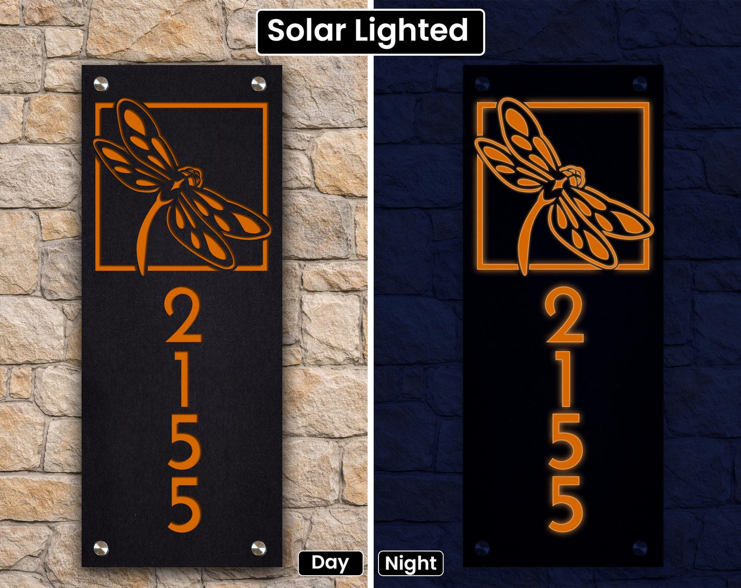 Lighted Modern House Numbers Sign - Solar Led Address Sign - Dragonfly Plaque
