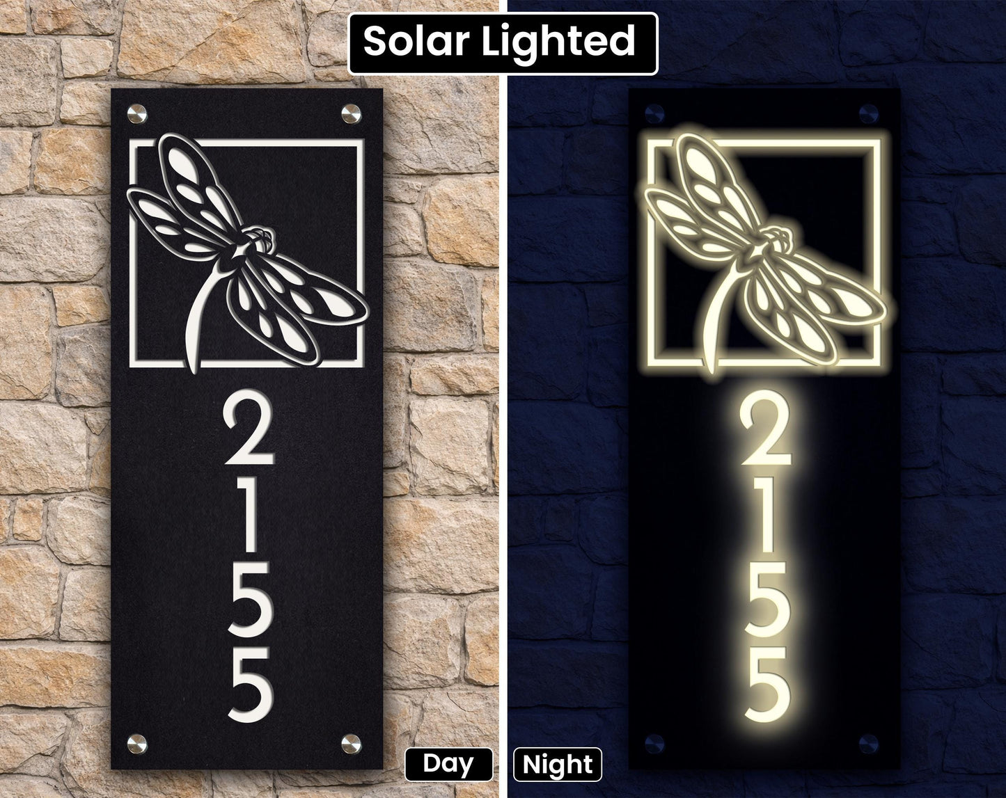 Lighted Modern House Numbers Sign - Solar Led Address Sign - Dragonfly Plaque