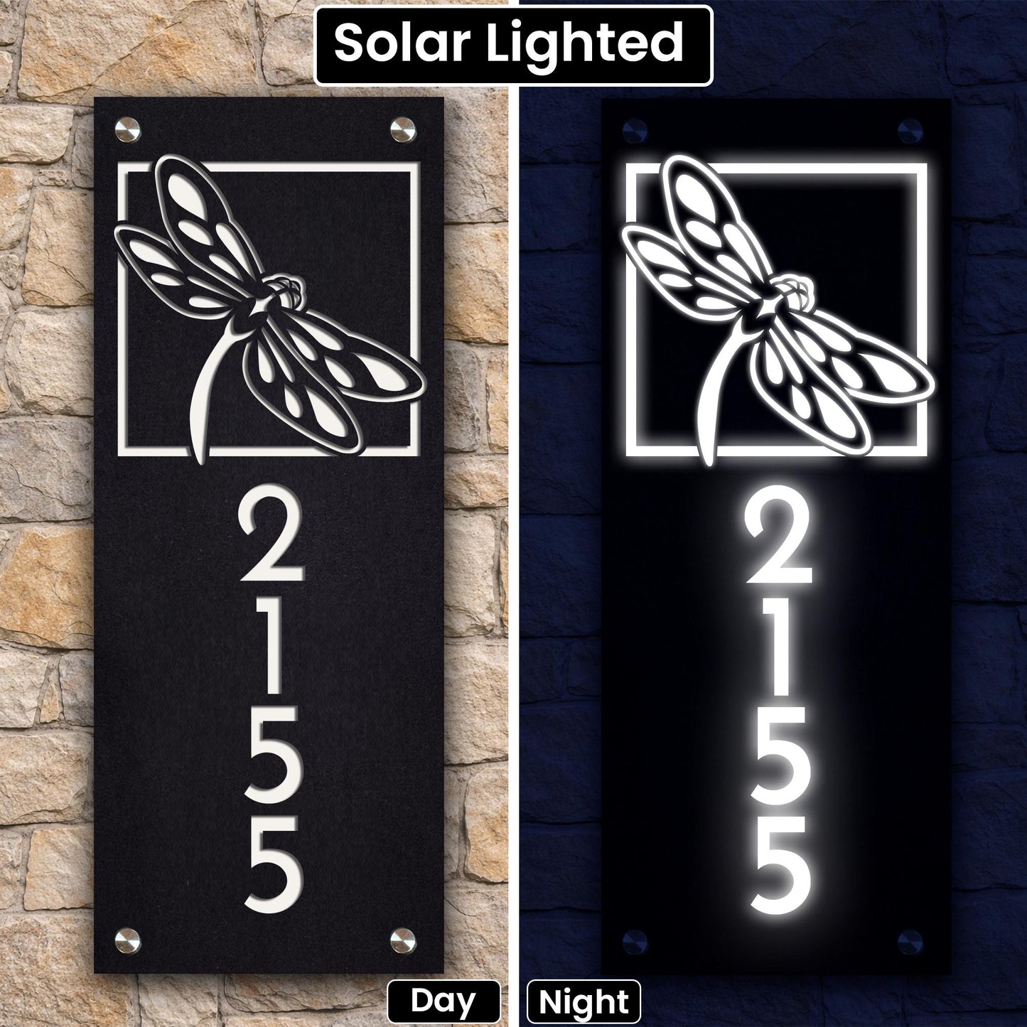 Solar Lighted Address Sign with Dragonfly – Modern House Numbers Plaque