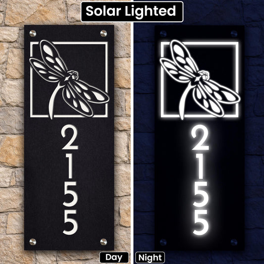 Solar Lighted House Numbers – Dragonfly Address Sign, USA Made Plaque