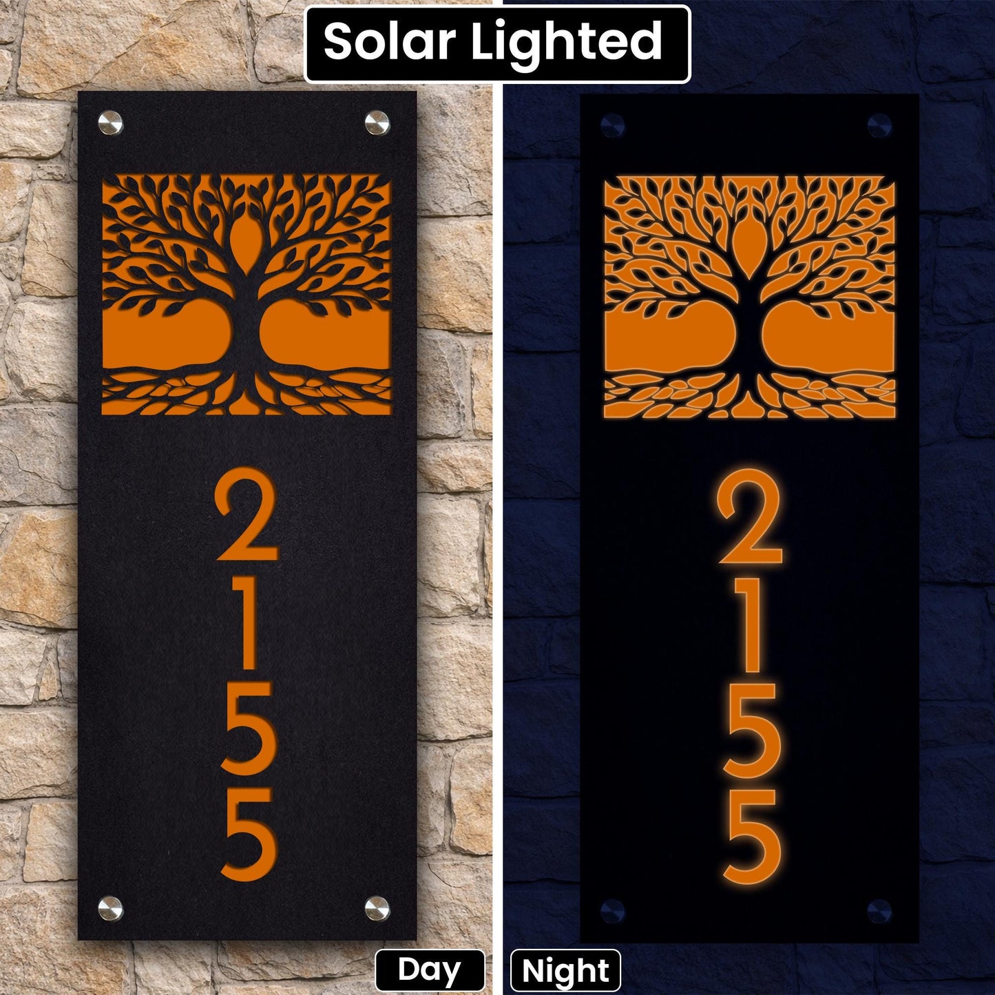 Solar Address Sign with Tree of Life Design | Lighted House Numbers | Weatherproof LED Yard Sign