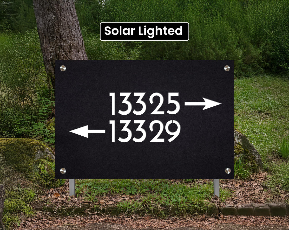 Modern Address Sign with Yard Stakes - Solar Lighted Lawn Sign - House Numbers Post