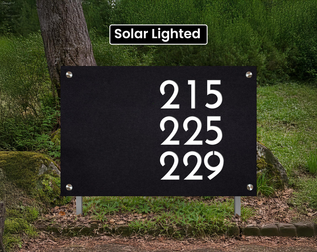 Modern Address Sign with Yard Stakes - Solar Lighted Lawn Sign - House Numbers Post